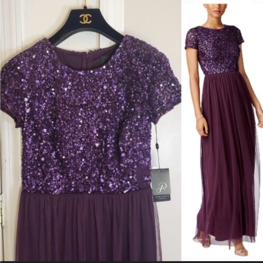 Adrianna Papell Deep Purple Sequin Maxi Dress